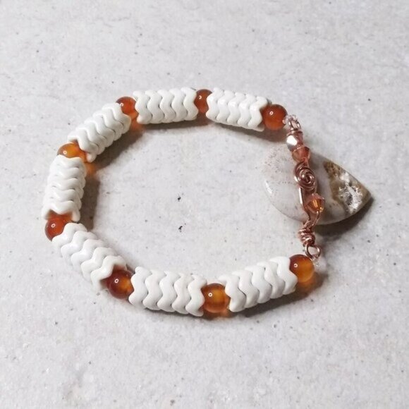 Rustic!!! Wire Wrapped Fossilized Coral Rock Teardrop Focal + Orange Agate Beads - Picture 5 of 12